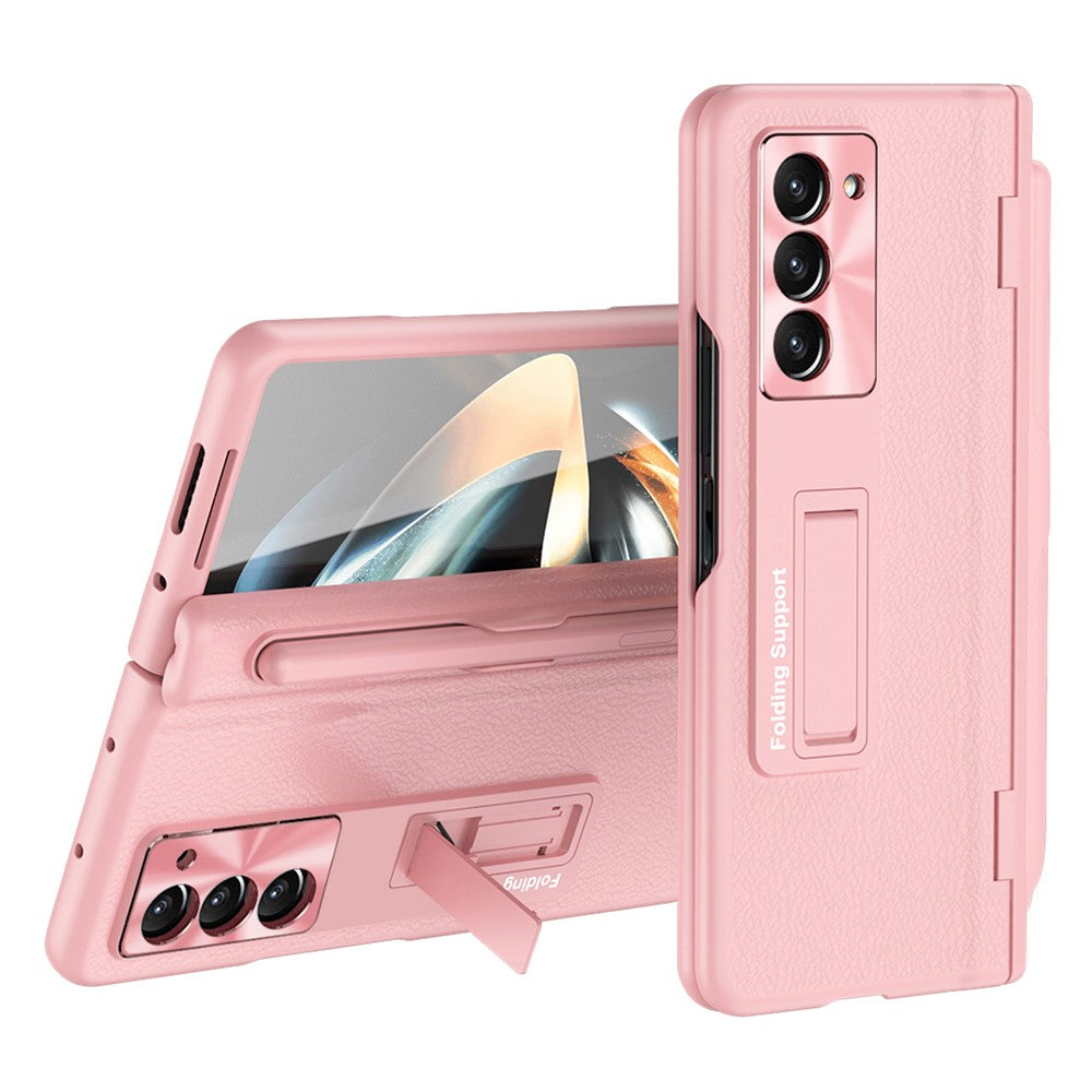 For Samsung Galaxy Z Fold5 5G Kickstand Case Hinge Protection PU Leather PC Cover with Tempered Glass Film, Pen