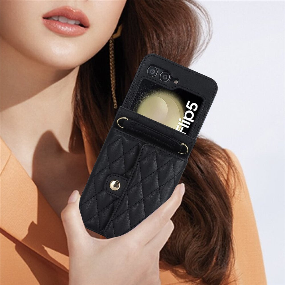ZD 03 Phone Case for Samsung Galaxy Z Flip5 5G PU Leather + PC RFID Blocking Wallet Cover with Strap