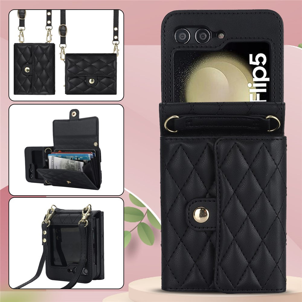 ZD 03 Phone Case for Samsung Galaxy Z Flip5 5G PU Leather + PC RFID Blocking Wallet Cover with Strap