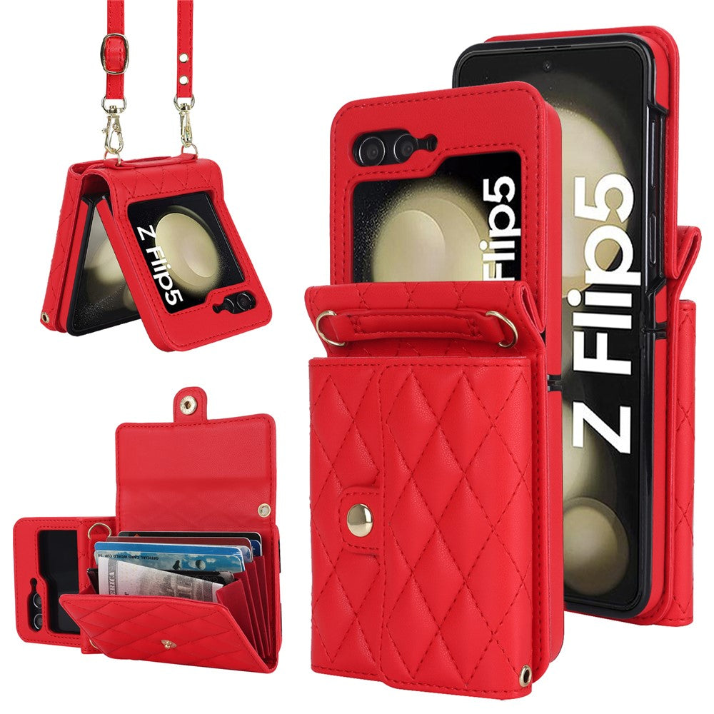 ZD 03 Phone Case for Samsung Galaxy Z Flip5 5G PU Leather + PC RFID Blocking Wallet Cover with Strap
