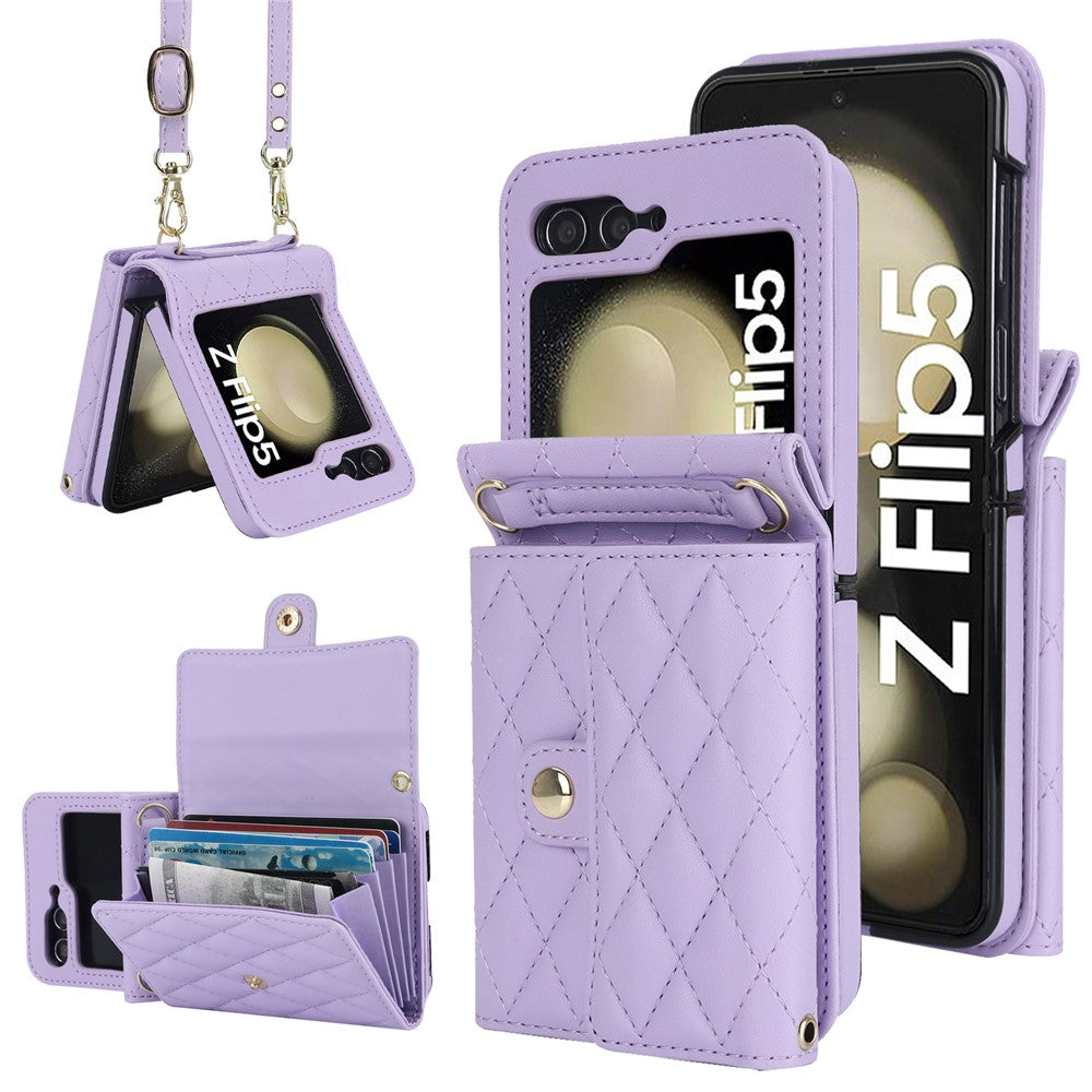 ZD 03 Phone Case for Samsung Galaxy Z Flip5 5G PU Leather + PC RFID Blocking Wallet Cover with Strap