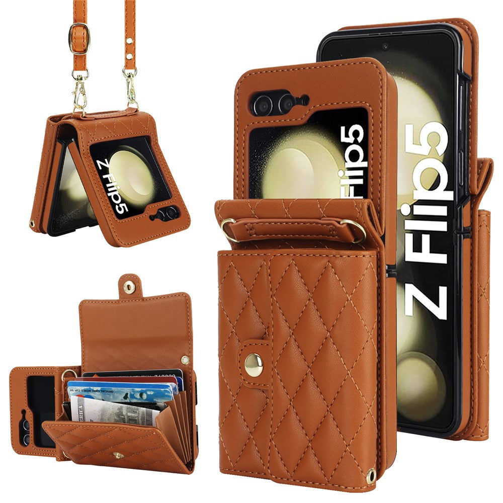 ZD 03 Phone Case for Samsung Galaxy Z Flip5 5G PU Leather + PC RFID Blocking Wallet Cover with Strap
