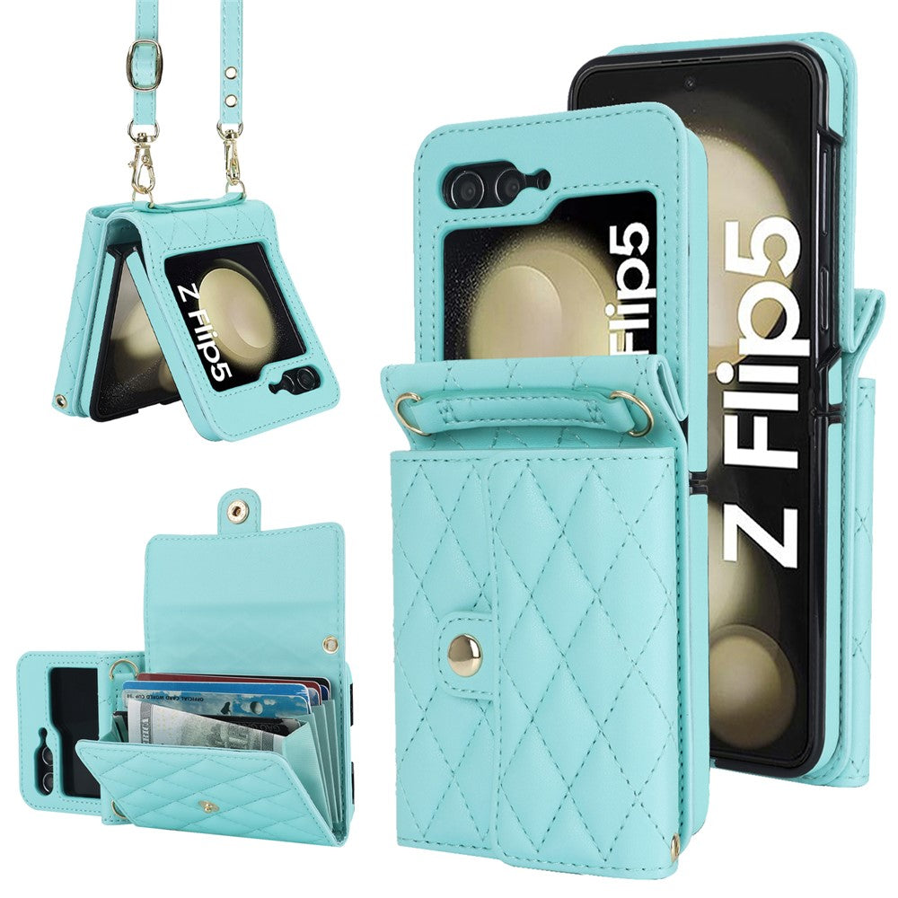 ZD 03 Phone Case for Samsung Galaxy Z Flip5 5G PU Leather + PC RFID Blocking Wallet Cover with Strap