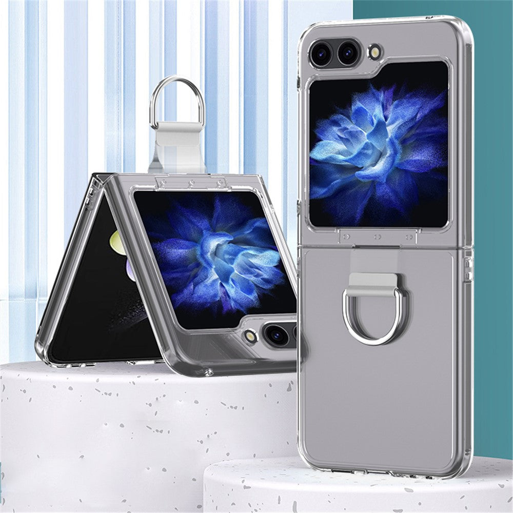 Samsung Galaxy Z Flip5 5G hårt PC-skal transparent mobilfodral med metallringhållare