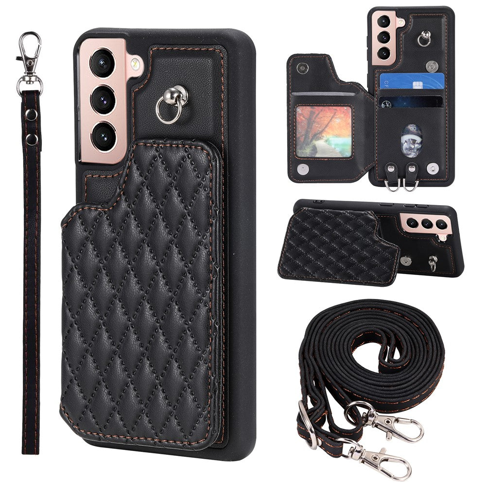 Style 008 For Samsung Galaxy S22+ 5G Anti-Scratch Phone Case Kickstand RFID Blocking PU Leather+TPU Cover with 2 Straps