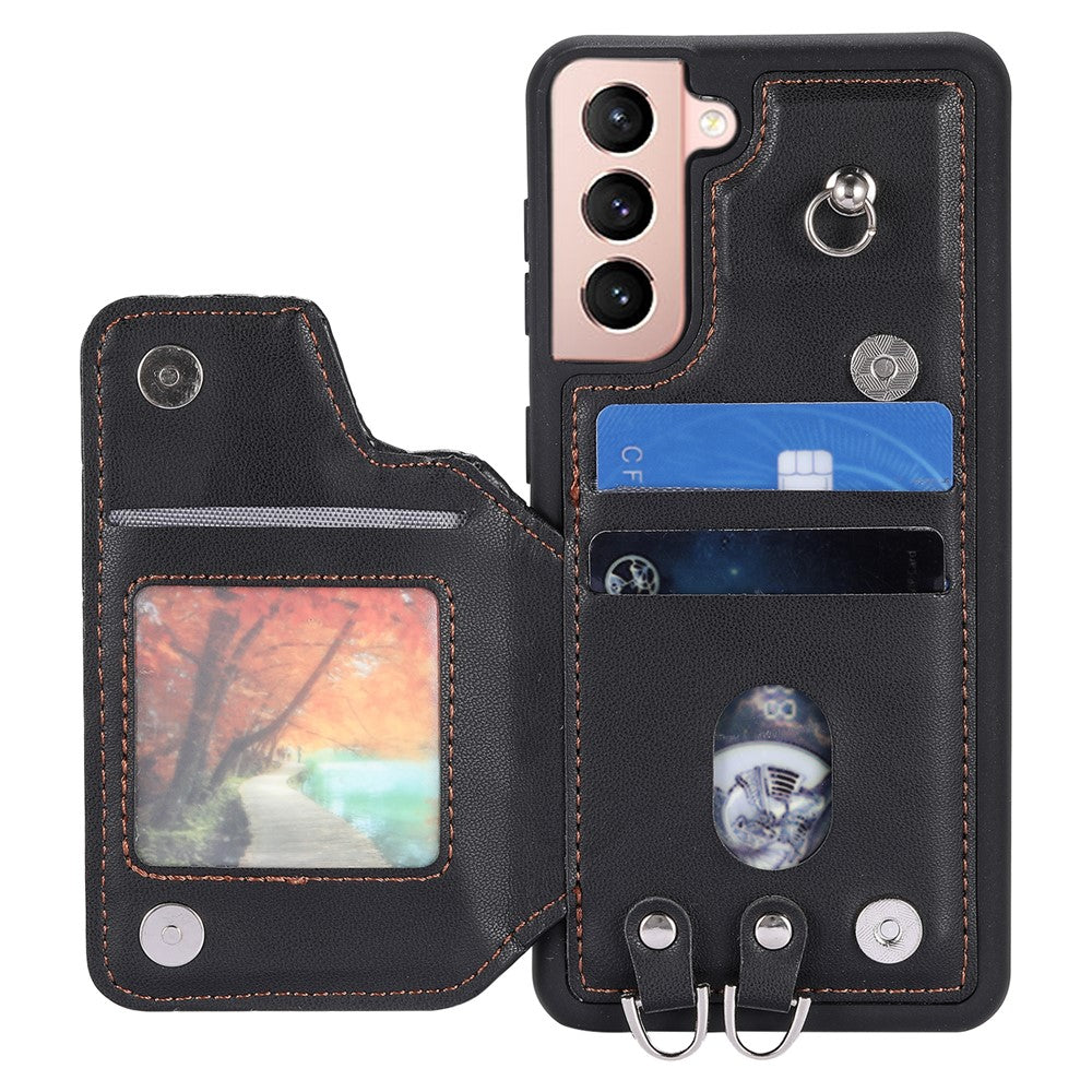 Style 008 For Samsung Galaxy S22+ 5G Anti-Scratch Phone Case Kickstand RFID Blocking PU Leather+TPU Cover with 2 Straps