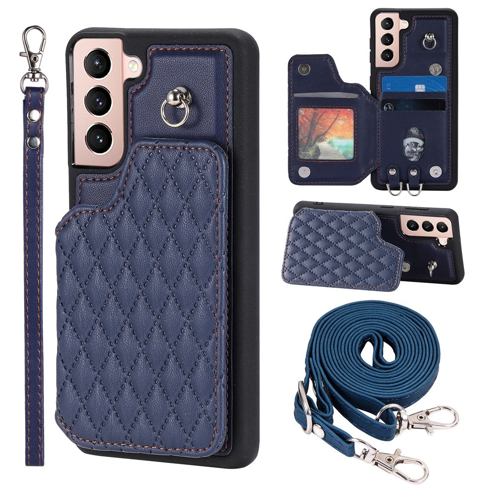 Style 008 For Samsung Galaxy S22+ 5G Anti-Scratch Phone Case Kickstand RFID Blocking PU Leather+TPU Cover with 2 Straps