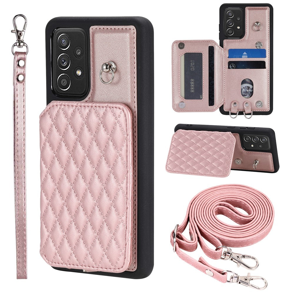 Style 008 For Samsung Galaxy A53 5G RFID Blocking Kickstand Case Rhombus Imprinted PU+TPU Phone Cover with Straps