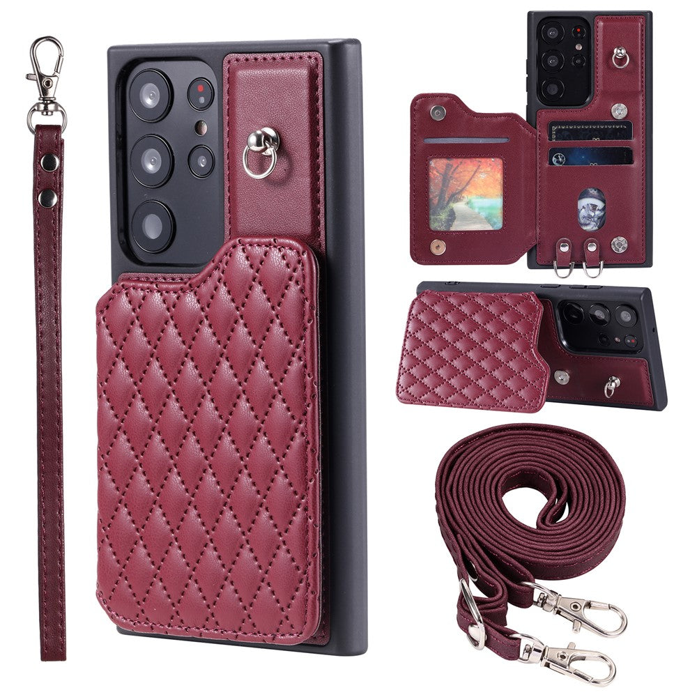 Style 008 For Samsung Galaxy S22 Ultra 5G Shockproof Case Rhombus Imprinted RFID Blocking PU+TPU Phone Cover with Straps