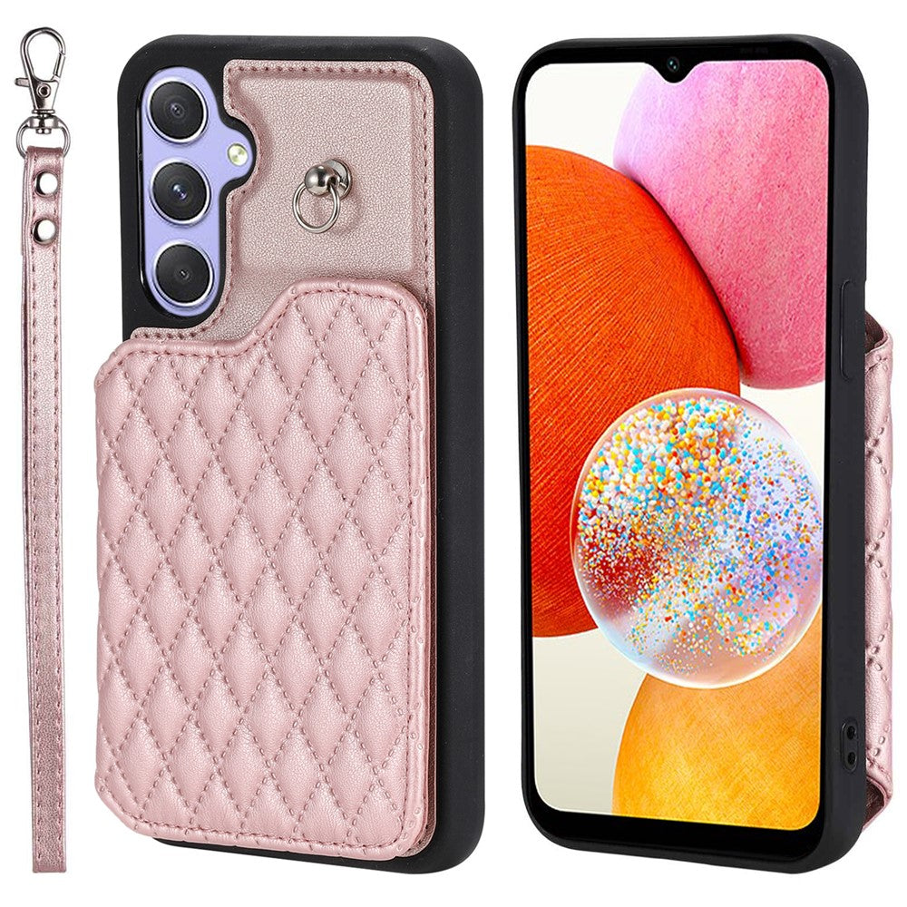 Stil 008 För Samsung Galaxy A14 5G / A14 4G Stativskal PU-läder + TPU RFID-blockerande mobilskal med handledsrem