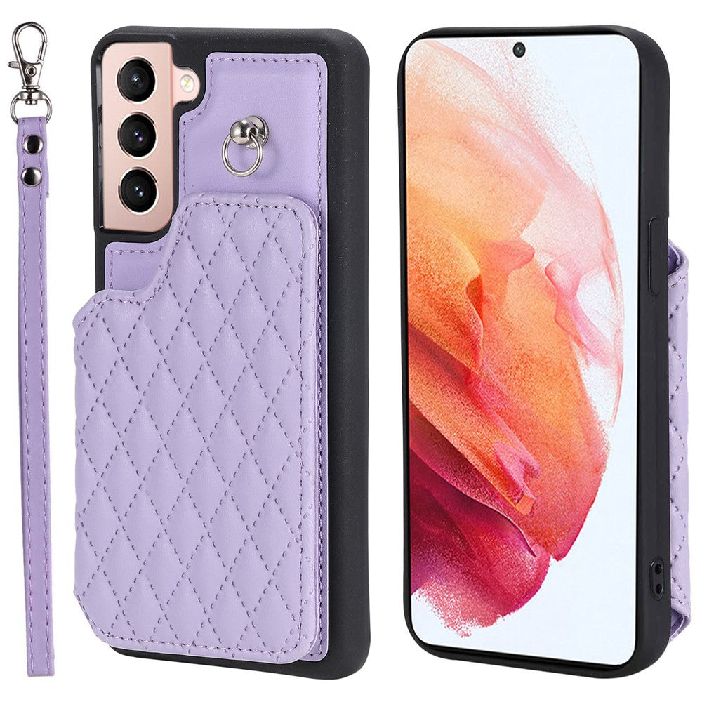 Style 008 For Samsung Galaxy S21 4G / 5G Kickstand Case RFID Blocking PU Leather+TPU Phone Shell with Card Slots and Wrist Strap