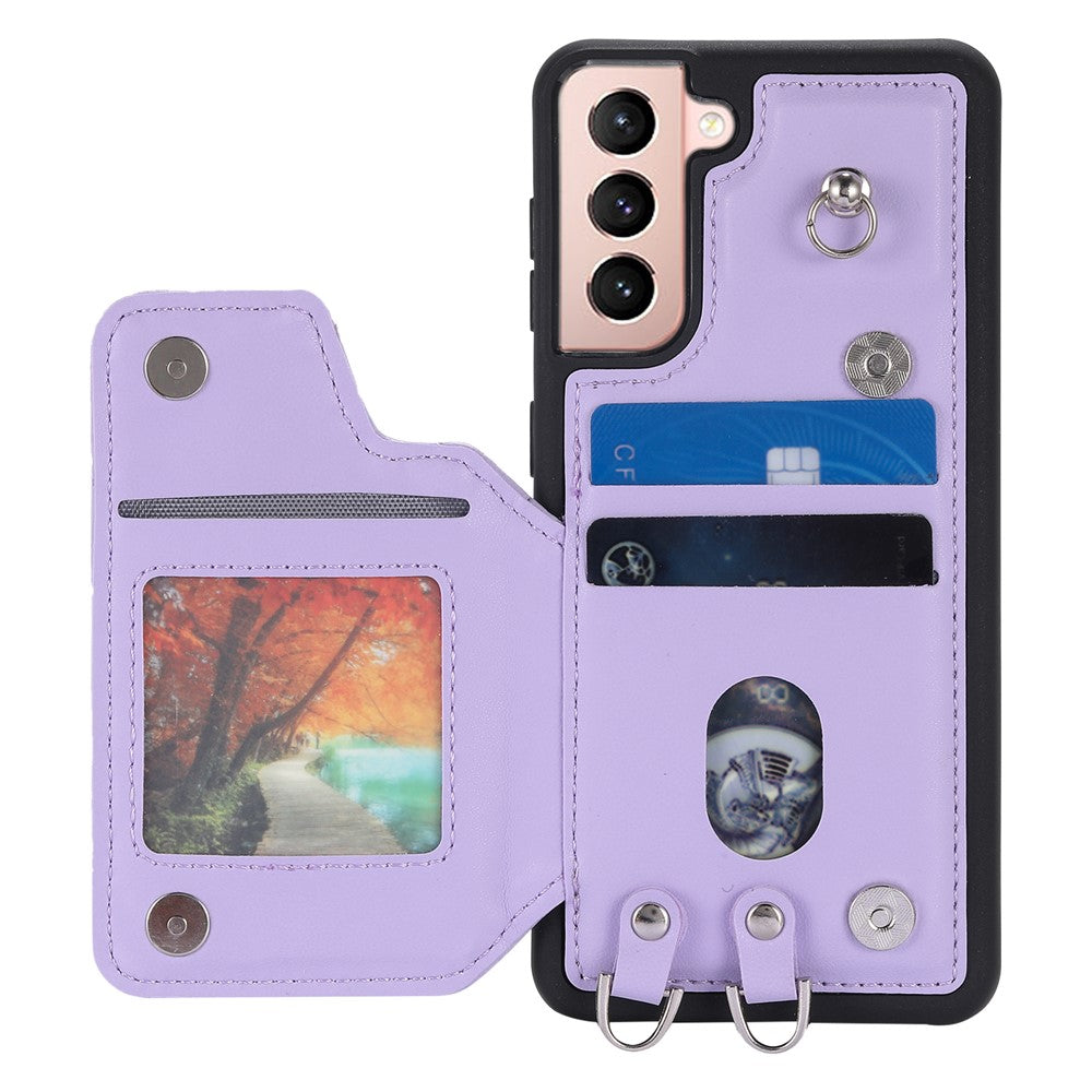 Style 008 For Samsung Galaxy S21 4G / 5G Kickstand Case RFID Blocking PU Leather+TPU Phone Shell with Card Slots and Wrist Strap