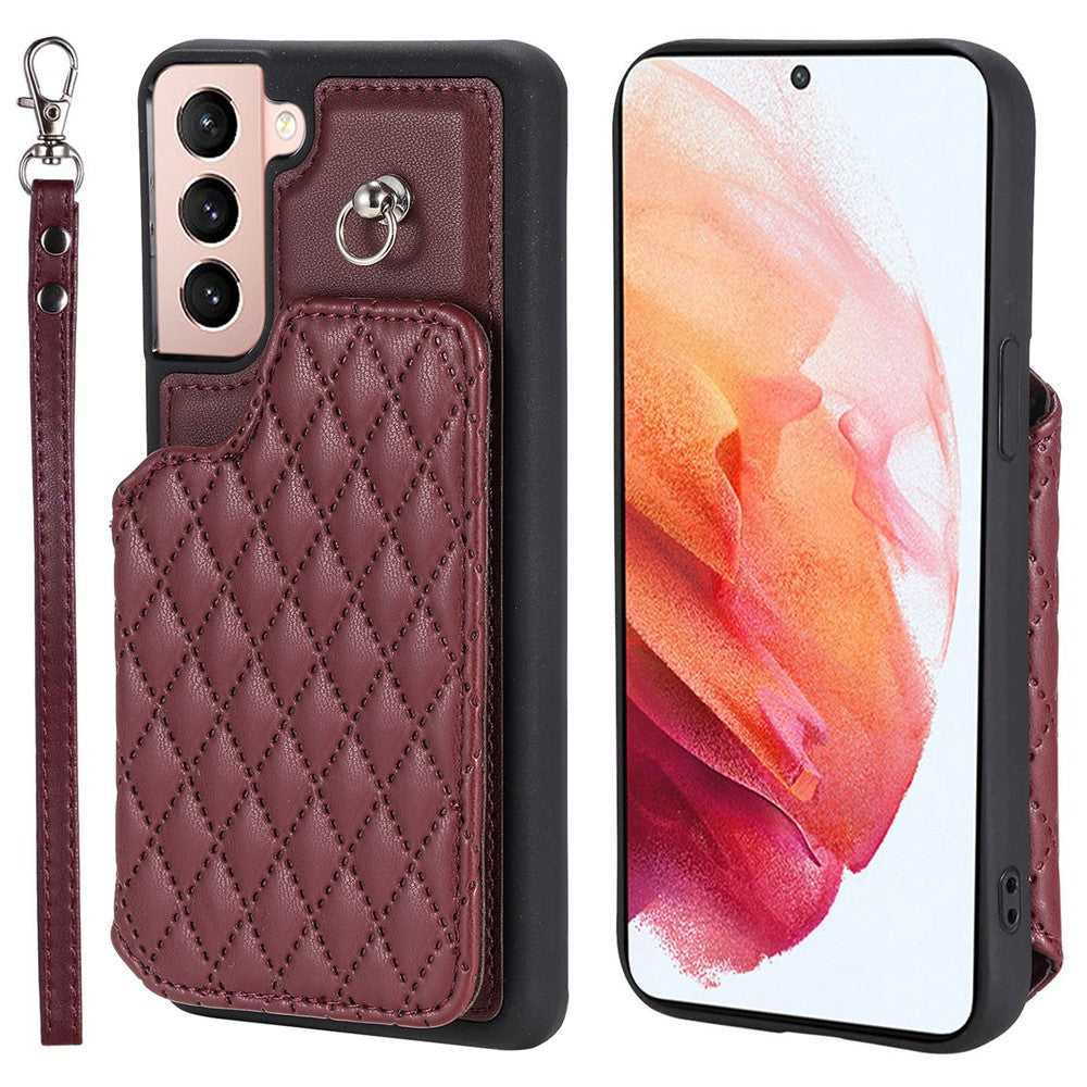 Style 008 For Samsung Galaxy S21 4G / 5G Kickstand Case RFID Blocking PU Leather+TPU Phone Shell with Card Slots and Wrist Strap