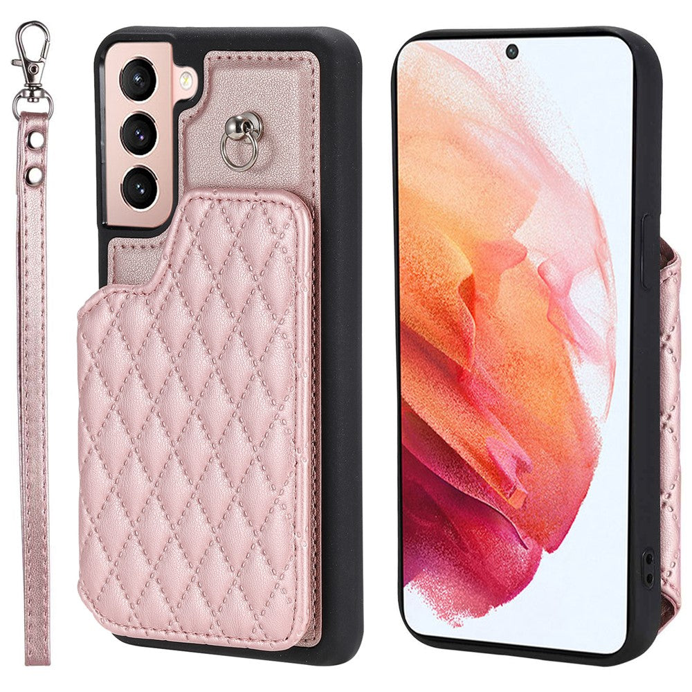 Style 008 For Samsung Galaxy S21 4G / 5G Kickstand Case RFID Blocking PU Leather+TPU Phone Shell with Card Slots and Wrist Strap