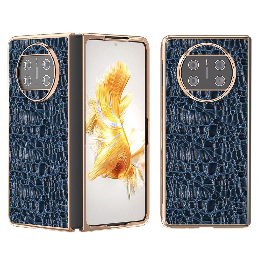 For Huawei Mate X3 5G Electroplating Phone Case Genuine Cow Leather Coated PC Canopy Texture Anti-Fall Cover