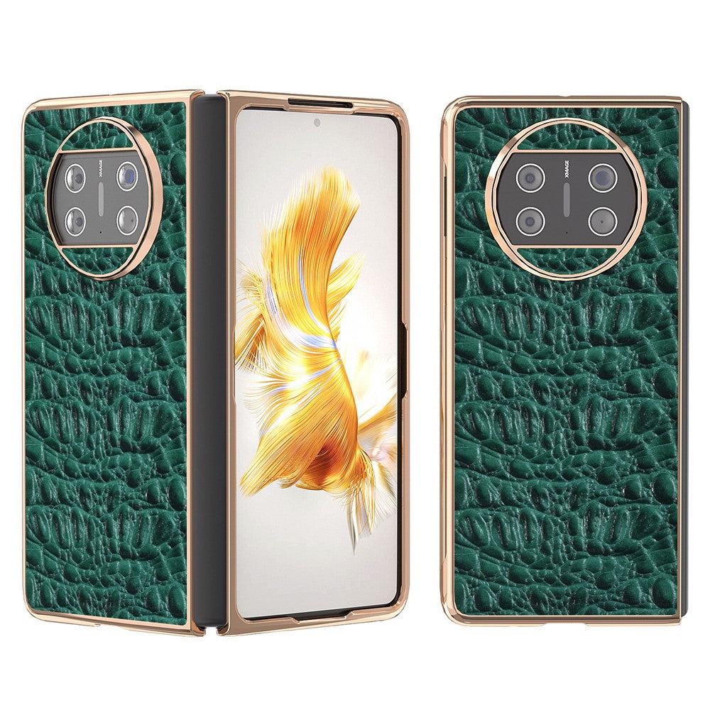 For Huawei Mate X3 5G Electroplating Phone Case Genuine Cow Leather Coated PC Canopy Texture Anti-Fall Cover
