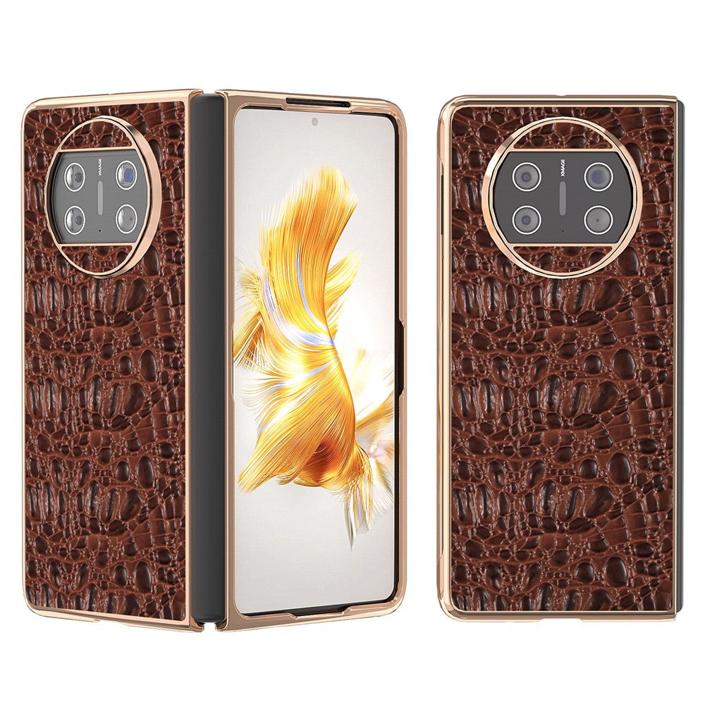 For Huawei Mate X3 5G Electroplating Phone Case Genuine Cow Leather Coated PC Canopy Texture Anti-Fall Cover