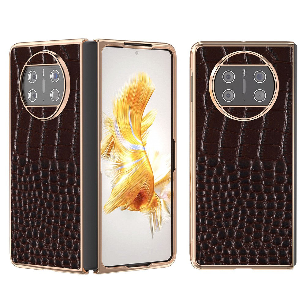 For Huawei Mate X3 5G Crocodile Pattern Phone Case Genuine Cow Leather + PC Electroplating Cover