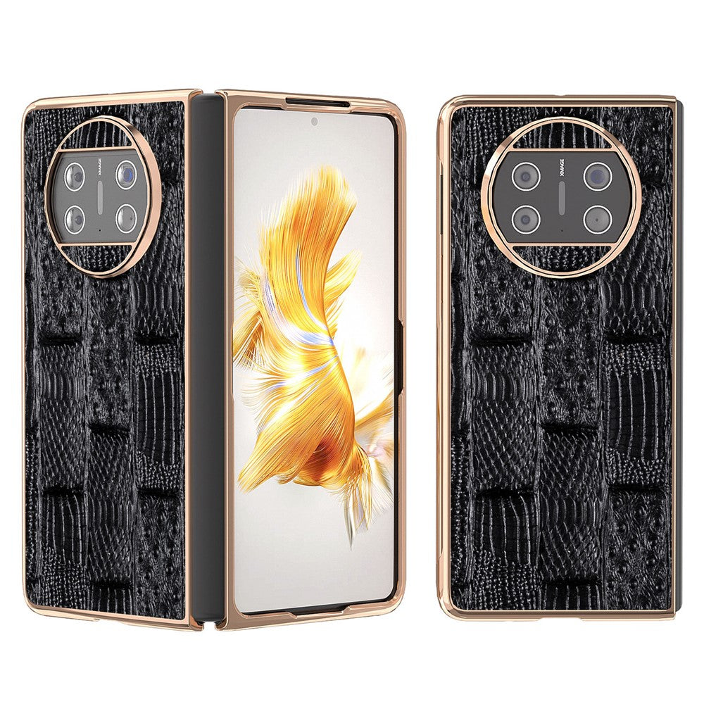 For Huawei Mate X3 5G Mahjong Texture Anti-Slip Case Genuine Cow Leather + PC Electroplating Phone Cover