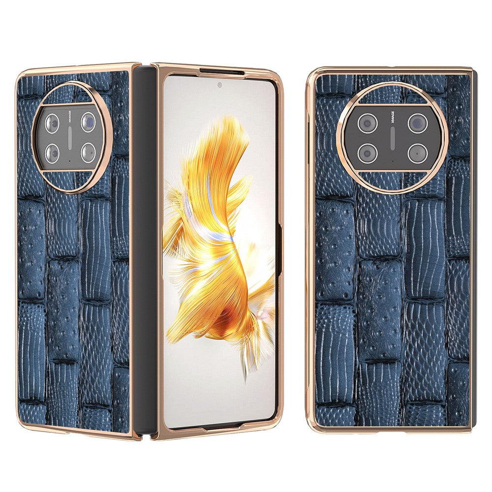 For Huawei Mate X3 5G Mahjong Texture Anti-Slip Case Genuine Cow Leather + PC Electroplating Phone Cover