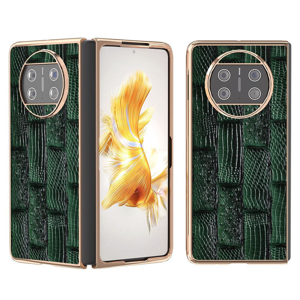 For Huawei Mate X3 5G Mahjong Texture Anti-Slip Case Genuine Cow Leather + PC Electroplating Phone Cover