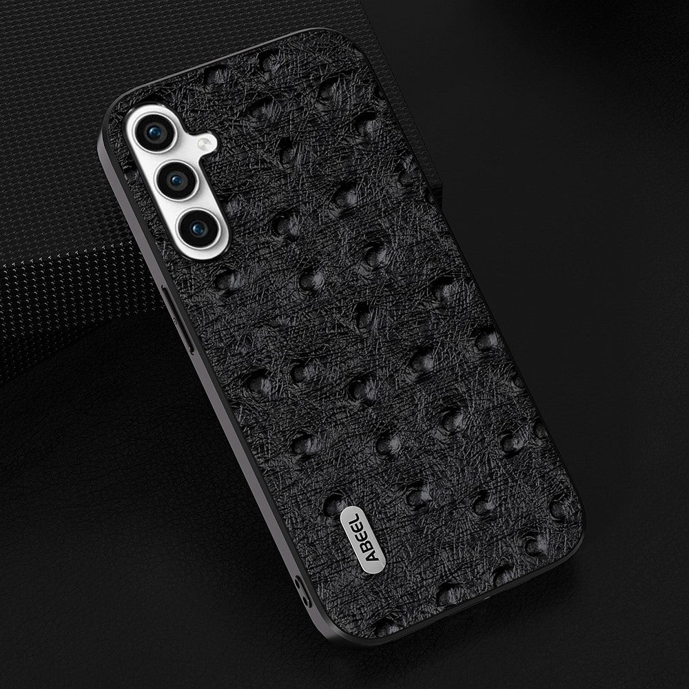ABEEL For Samsung Galaxy A24 4G (162.1 x 77.6 x 8.3mm) Slim Phone Case Ostrich Texture Genuine Cow Leather Coated PC+TPU Cover
