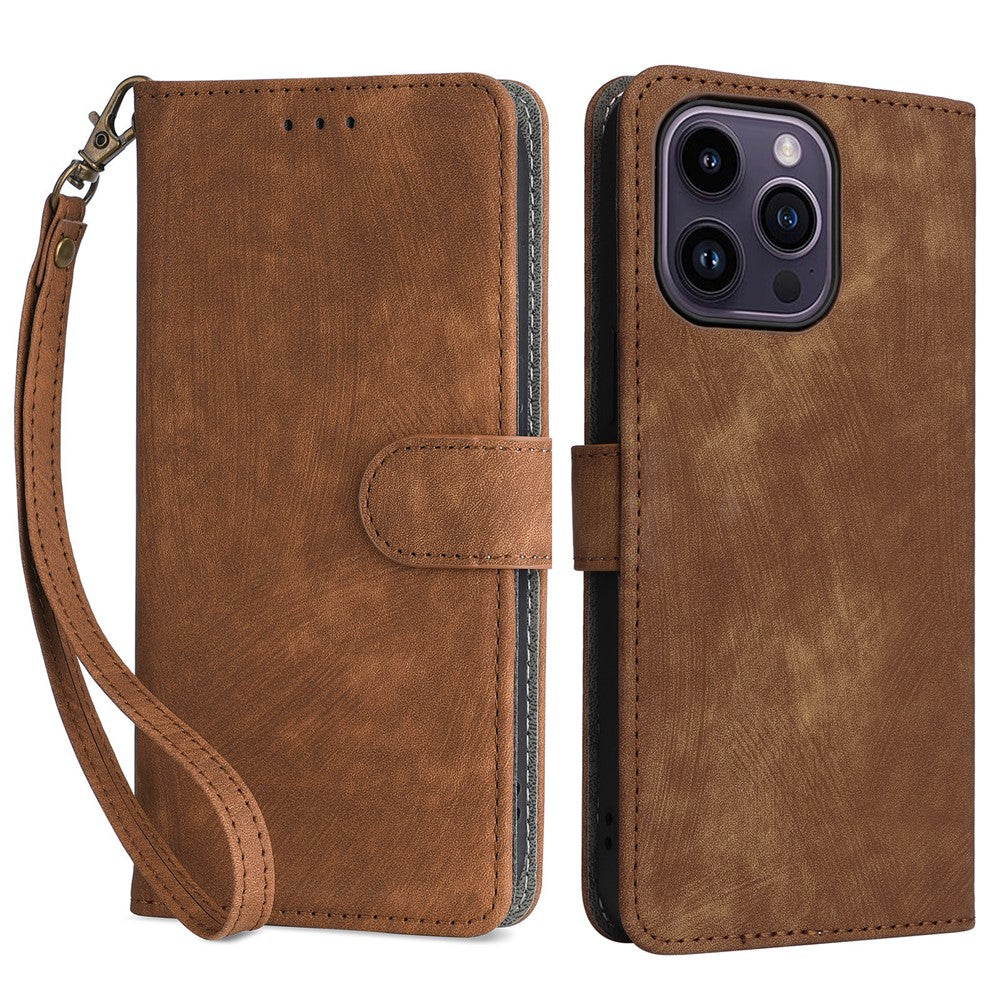 For iPhone 15 Anti-scratch Stand Cover Wallet Phone Case RFID Blocking PU Leather Shell with Strap