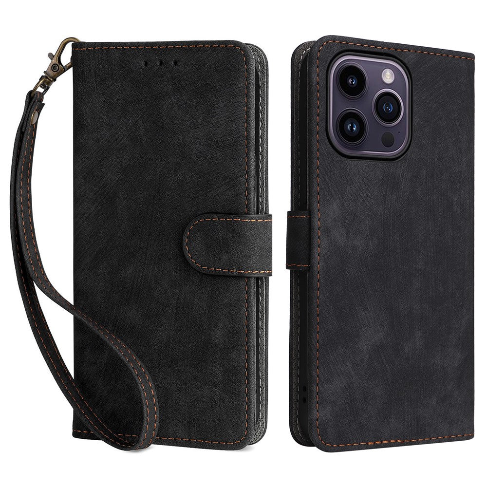 For iPhone 15 Anti-scratch Stand Cover Wallet Phone Case RFID Blocking PU Leather Shell with Strap