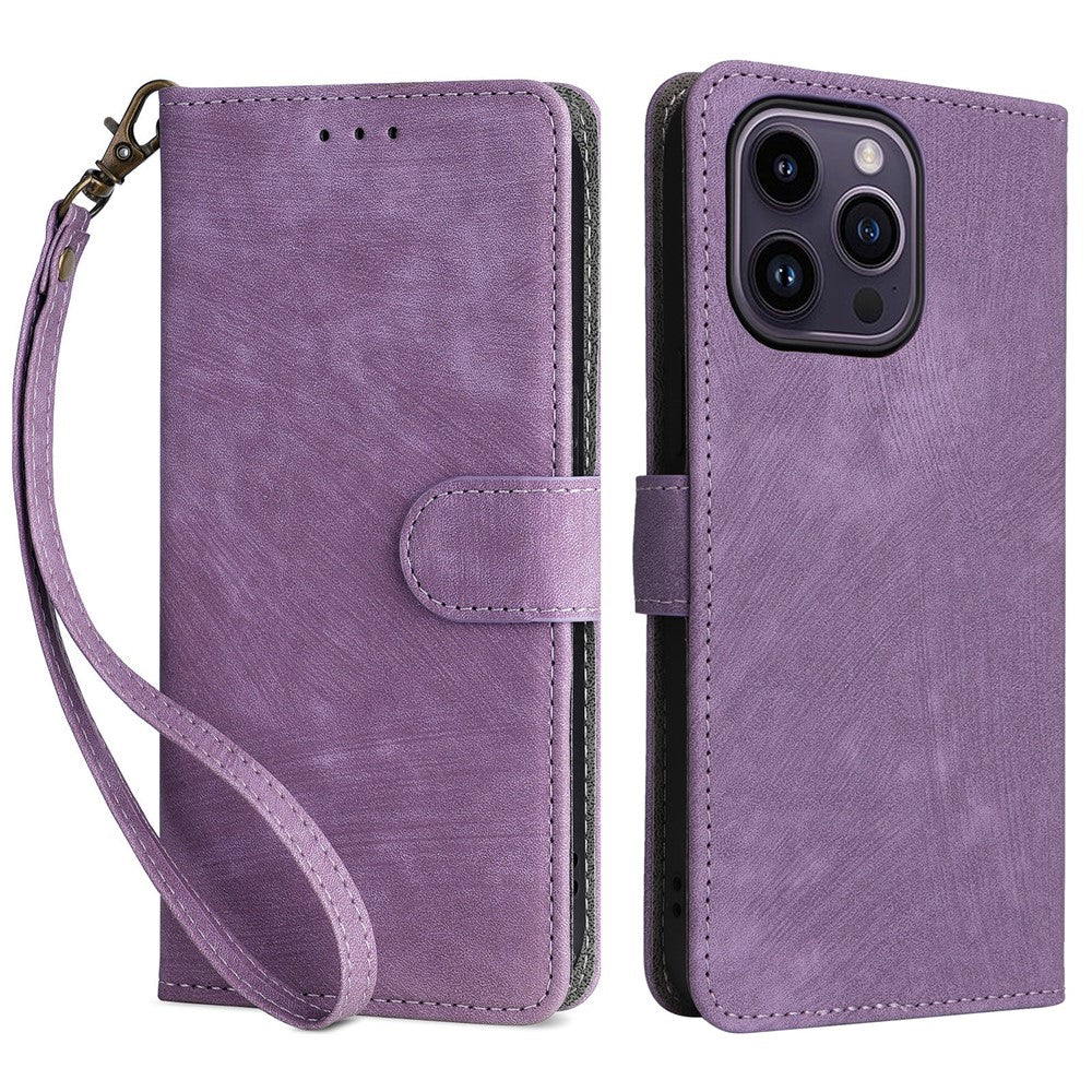 For iPhone 15 Anti-scratch Stand Cover Wallet Phone Case RFID Blocking PU Leather Shell with Strap