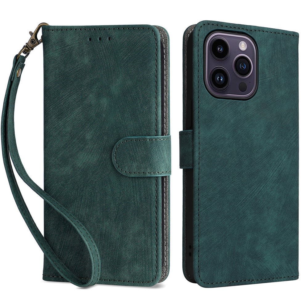 For iPhone 15 Anti-scratch Stand Cover Wallet Phone Case RFID Blocking PU Leather Shell with Strap