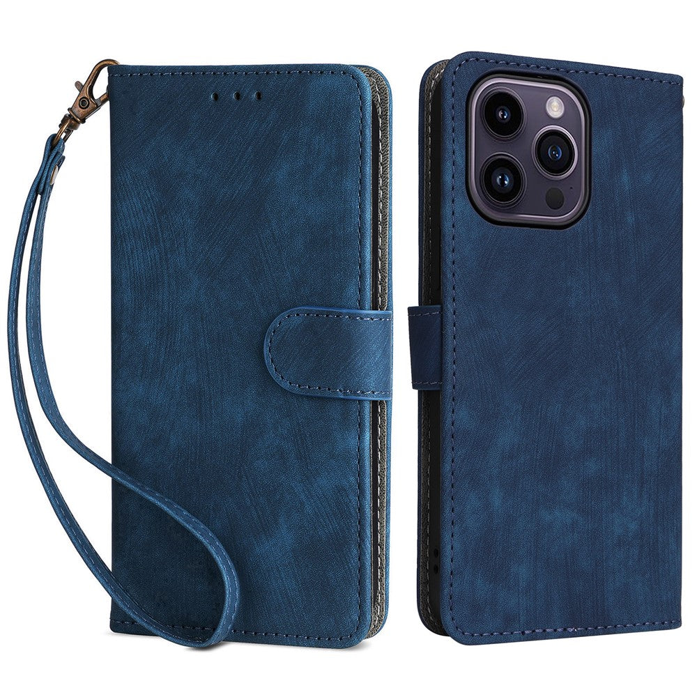 For iPhone 15 Anti-scratch Stand Cover Wallet Phone Case RFID Blocking PU Leather Shell with Strap