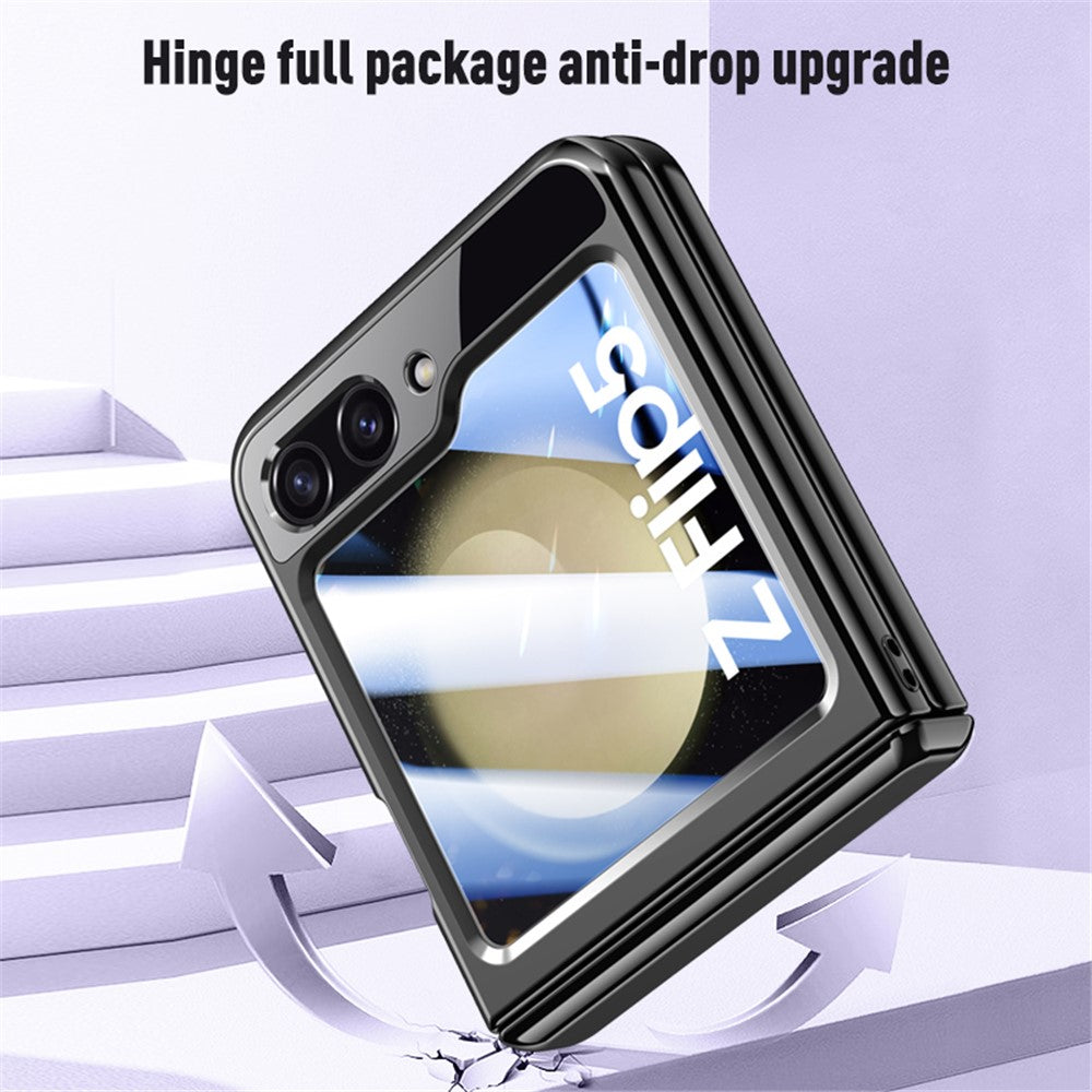 For Samsung Galaxy Z Flip5 5G Hinge Protection Clear Case Hard PC Electroplating Phone Cover with Tempered Glass Rear Screen Protector