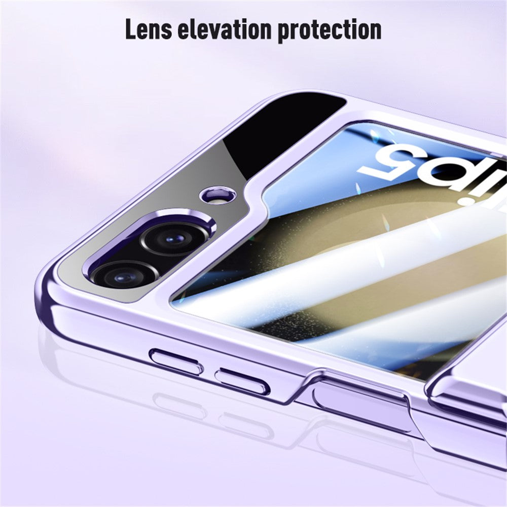 For Samsung Galaxy Z Flip5 5G Hinge Protection Clear Case Hard PC Electroplating Phone Cover with Tempered Glass Rear Screen Protector