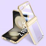 For Samsung Galaxy Z Flip5 5G Hinge Protection Clear Case Hard PC Electroplating Phone Cover with Tempered Glass Rear Screen Protector
