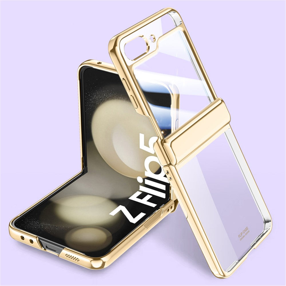 For Samsung Galaxy Z Flip5 5G Hinge Protection Clear Case Hard PC Electroplating Phone Cover with Tempered Glass Rear Screen Protector