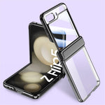 For Samsung Galaxy Z Flip5 5G Hinge Protection Clear Case Hard PC Electroplating Phone Cover with Tempered Glass Rear Screen Protector