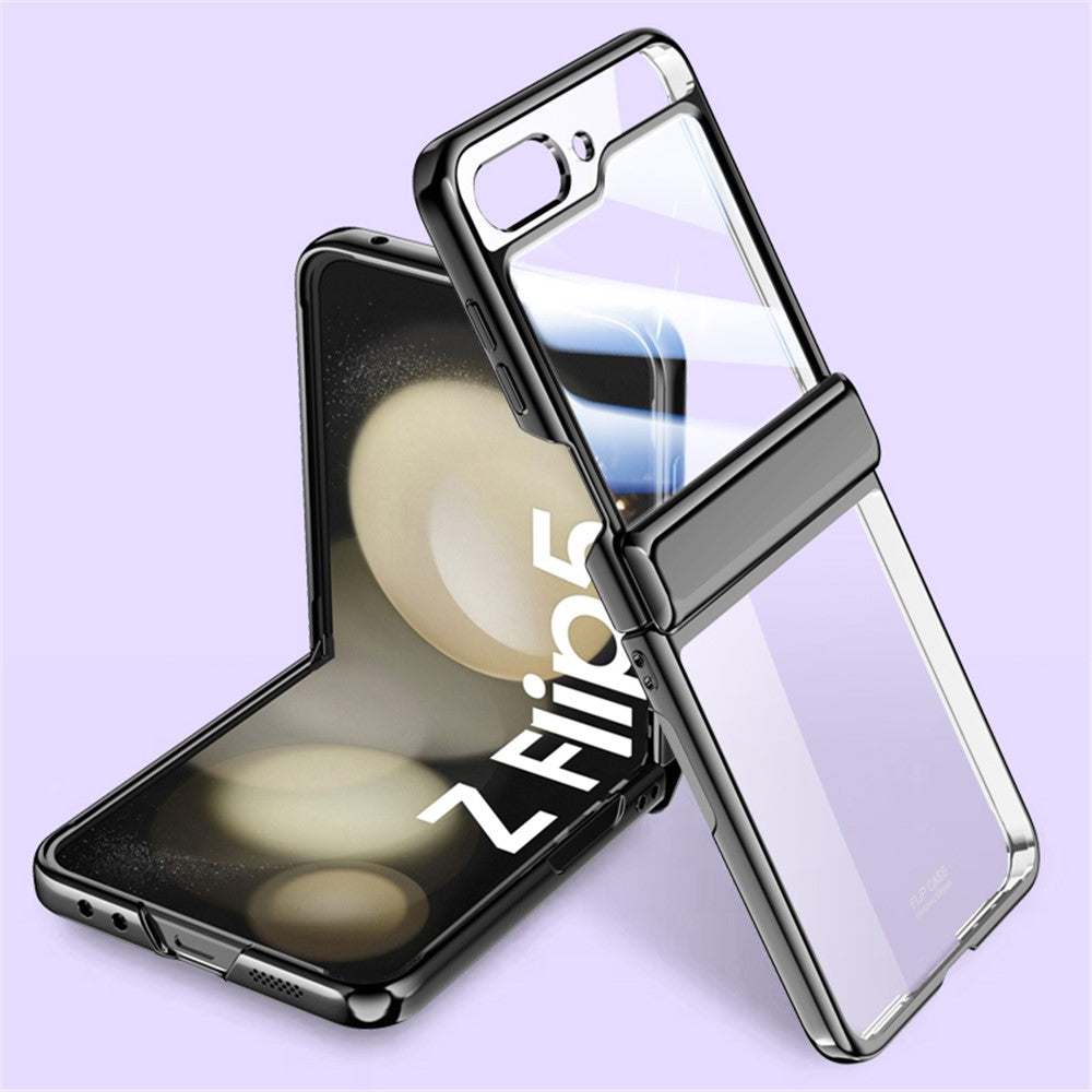 For Samsung Galaxy Z Flip5 5G Hinge Protection Clear Case Hard PC Electroplating Phone Cover with Tempered Glass Rear Screen Protector