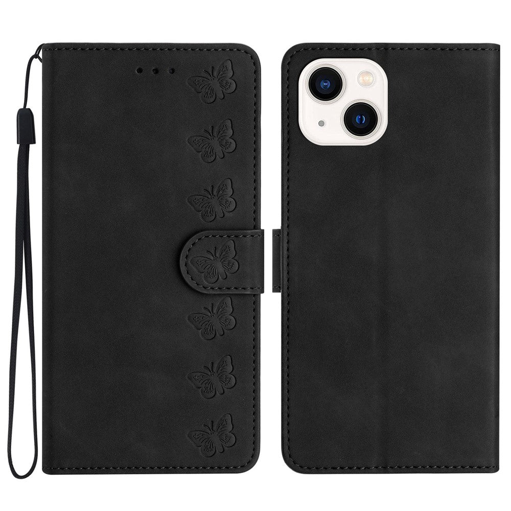 Til iPhone 15 Wallet Flip Cover med Præget Sommerfugl Telefonetui Læder Stand Telefoncover