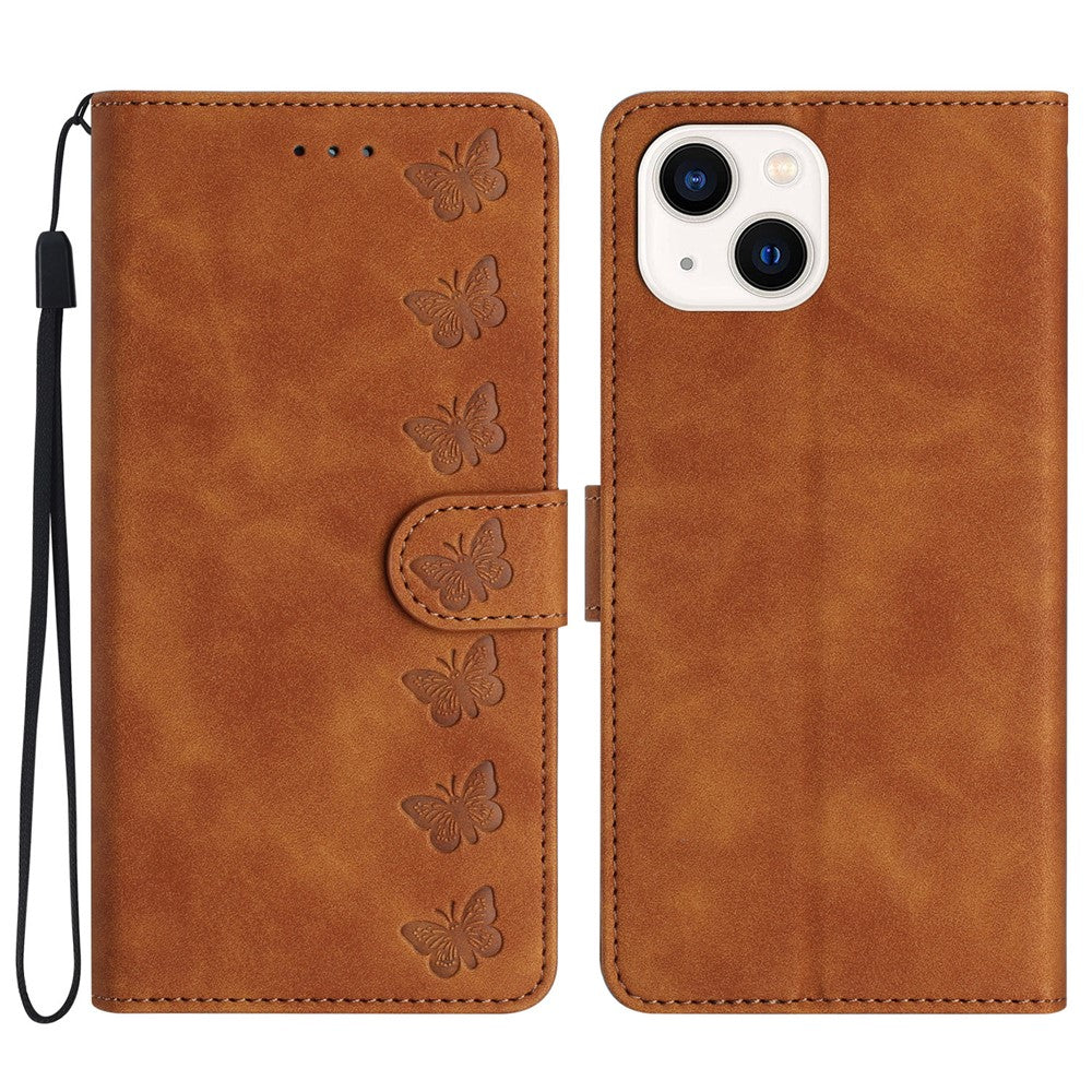 Til iPhone 15 Wallet Flip Cover med Præget Sommerfugl Telefonetui Læder Stand Telefoncover