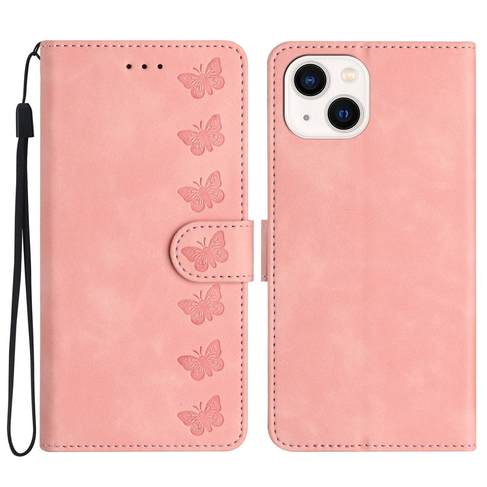 Til iPhone 15 Wallet Flip Cover med Præget Sommerfugl Telefonetui Læder Stand Telefoncover