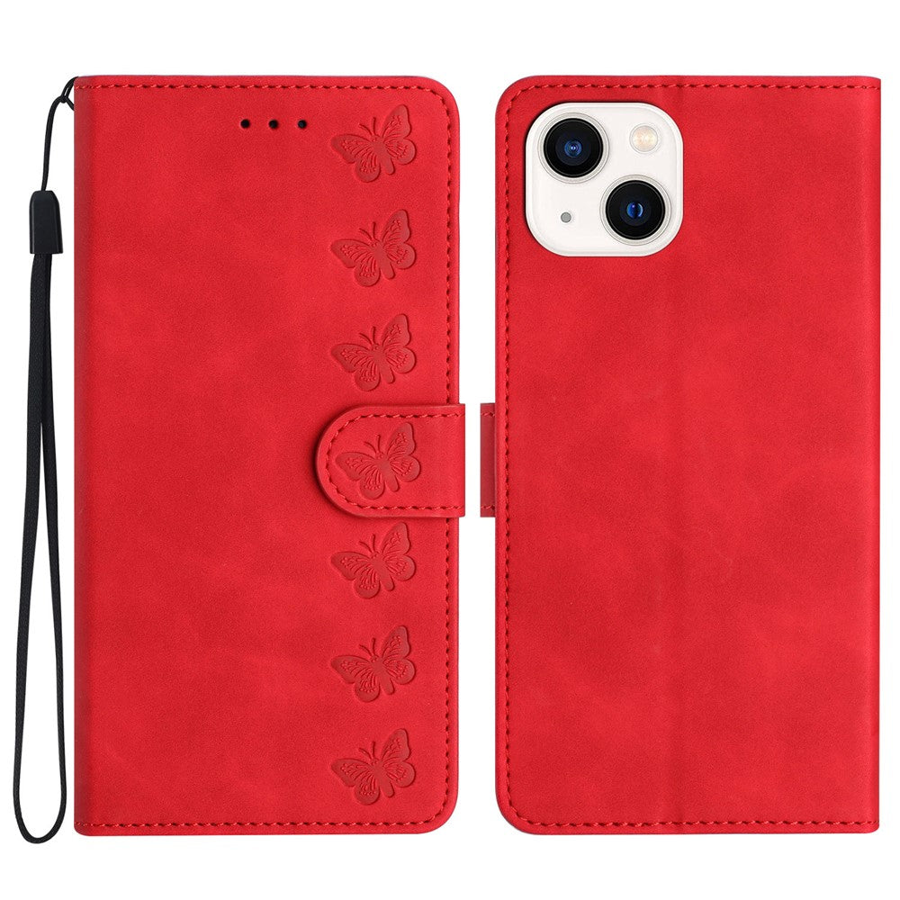 Til iPhone 15 Wallet Flip Cover med Præget Sommerfugl Telefonetui Læder Stand Telefoncover