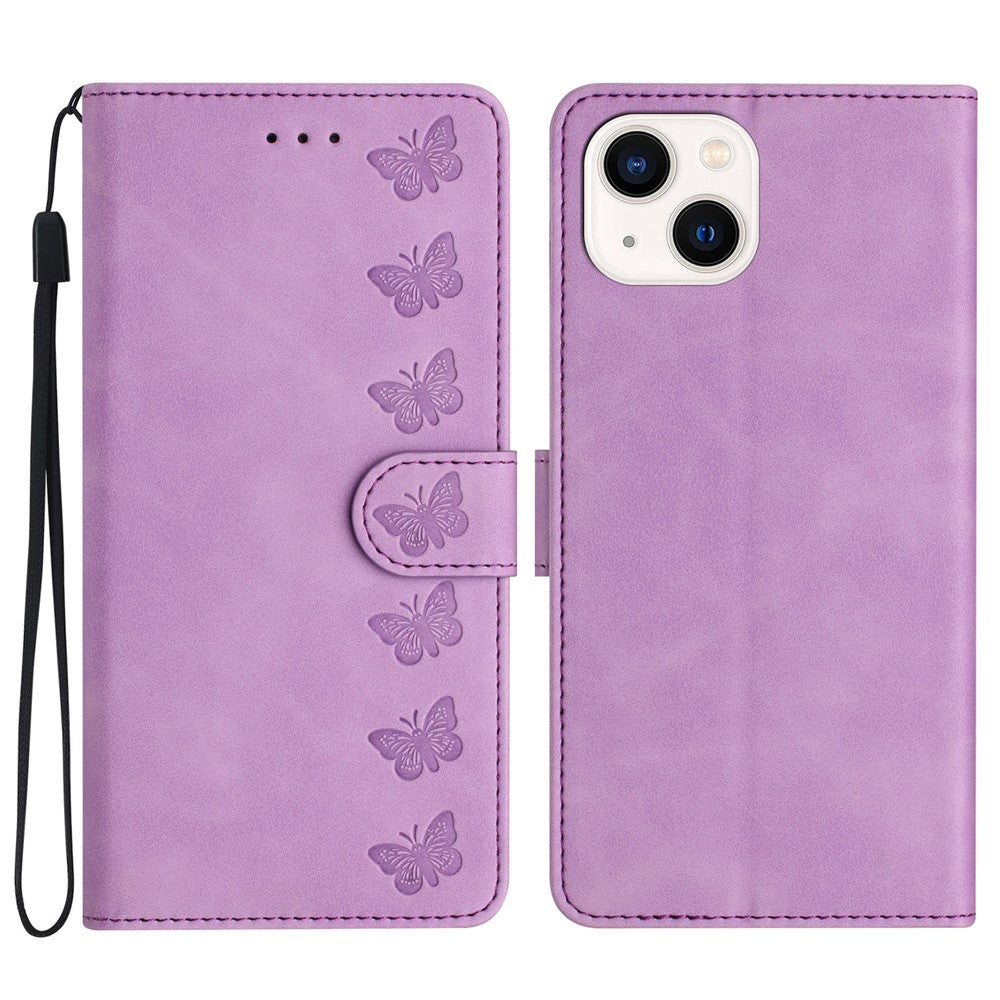 Til iPhone 15 Wallet Flip Cover med Præget Sommerfugl Telefonetui Læder Stand Telefoncover