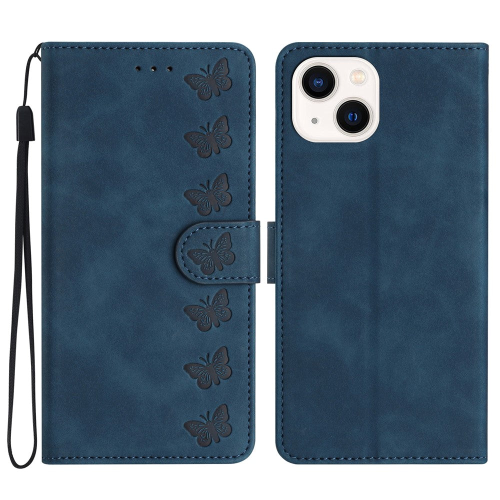 Til iPhone 15 Wallet Flip Cover med Præget Sommerfugl Telefonetui Læder Stand Telefoncover