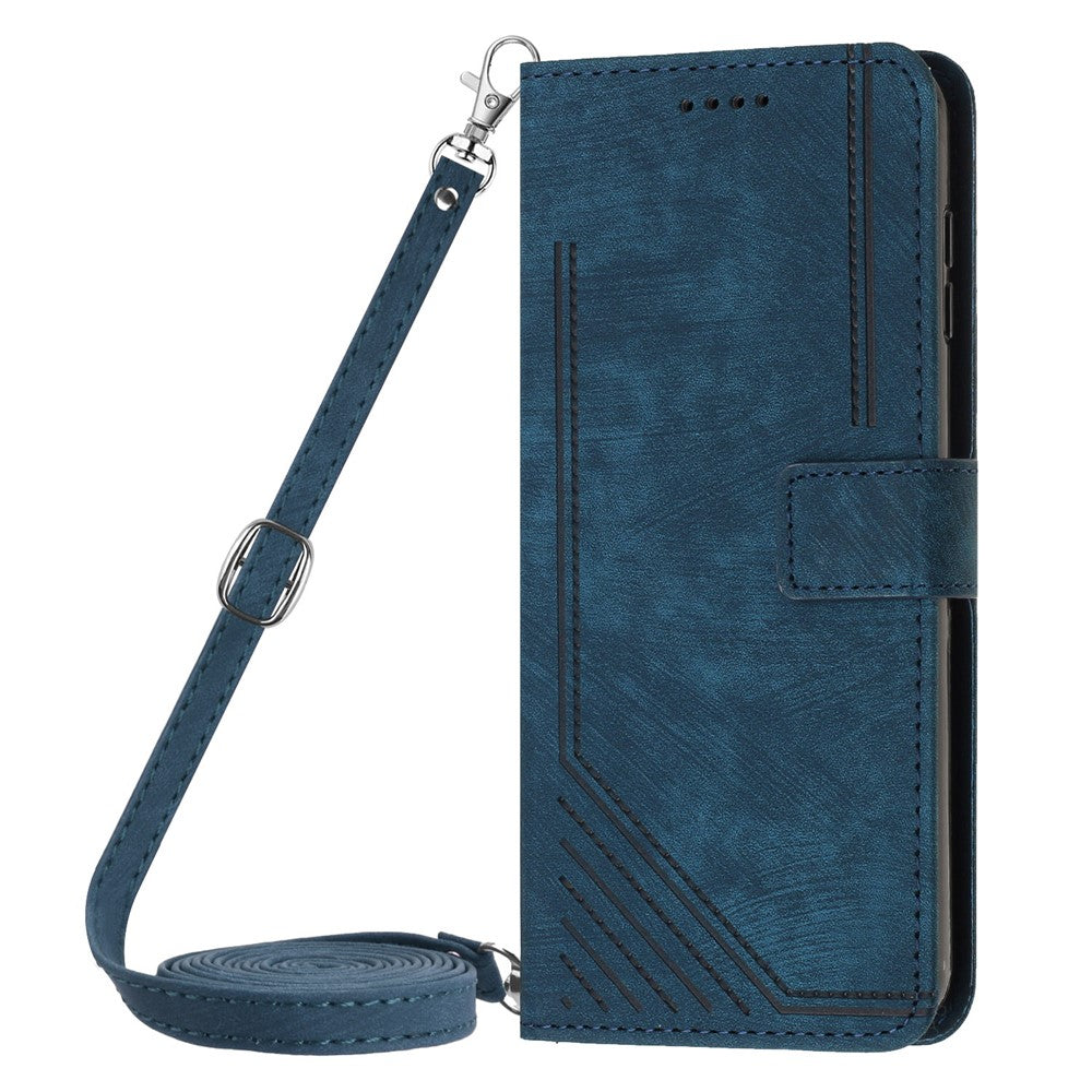 For Xiaomi Redmi 12 4G Lines Imprinted Leather Case Stand Wallet Phone Cover with Shoulder Strap
