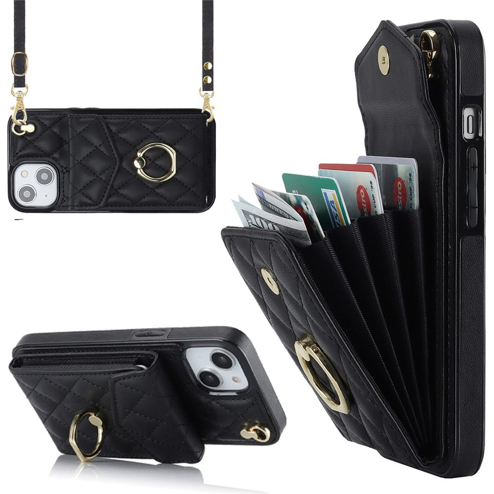 Til iPhone 15 Plus RFID-blokerende bagcover med flere kortlommer, ring-kickstand, PU-læder + TPU-cover