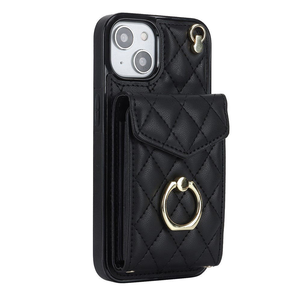 Til iPhone 15 Plus RFID-blokerende bagcover med flere kortlommer, ring-kickstand, PU-læder + TPU-cover