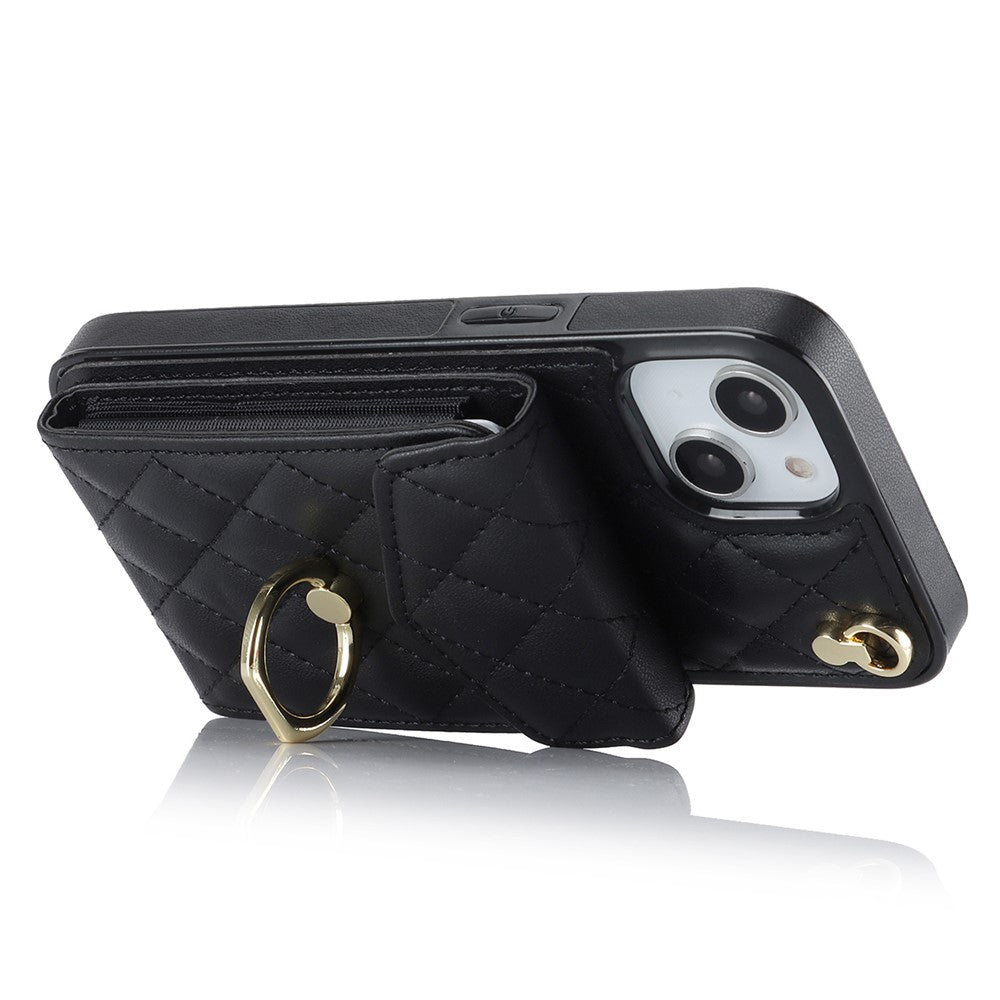 Til iPhone 15 Plus RFID-blokerende bagcover med flere kortlommer, ring-kickstand, PU-læder + TPU-cover