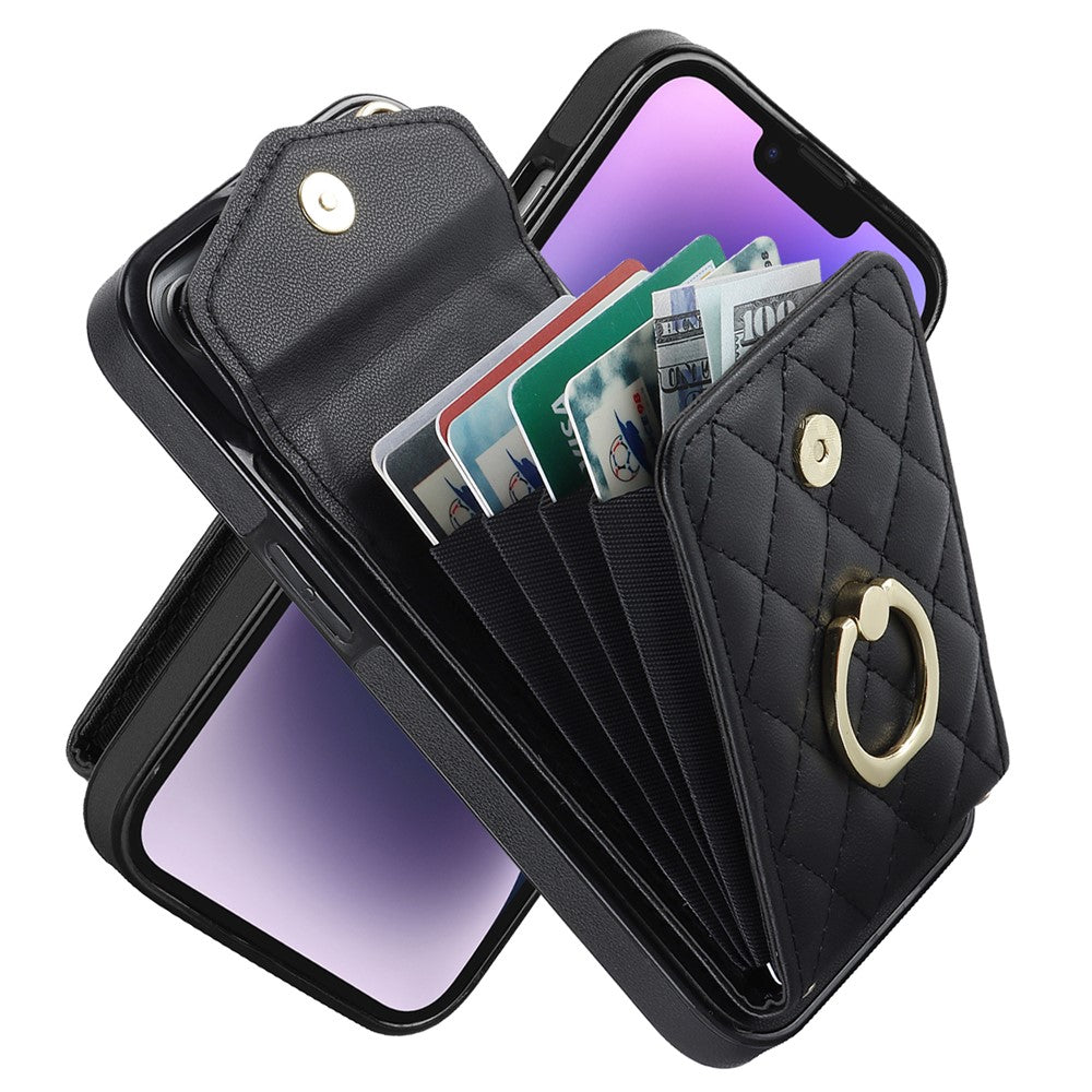 Til iPhone 15 Plus RFID-blokerende bagcover med flere kortlommer, ring-kickstand, PU-læder + TPU-cover