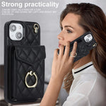 Til iPhone 15 Plus RFID-blokerende bagcover med flere kortlommer, ring-kickstand, PU-læder + TPU-cover