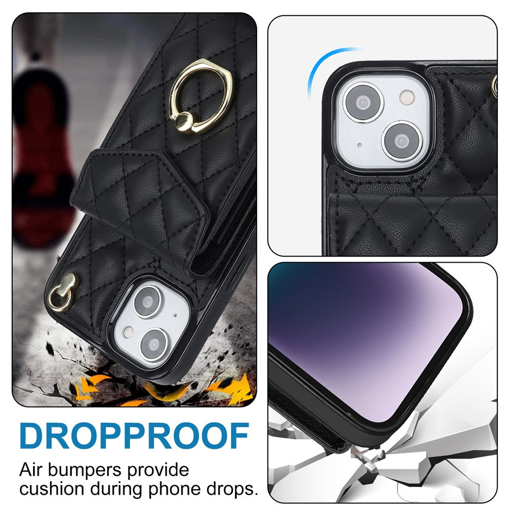 Til iPhone 15 Plus RFID-blokerende bagcover med flere kortlommer, ring-kickstand, PU-læder + TPU-cover